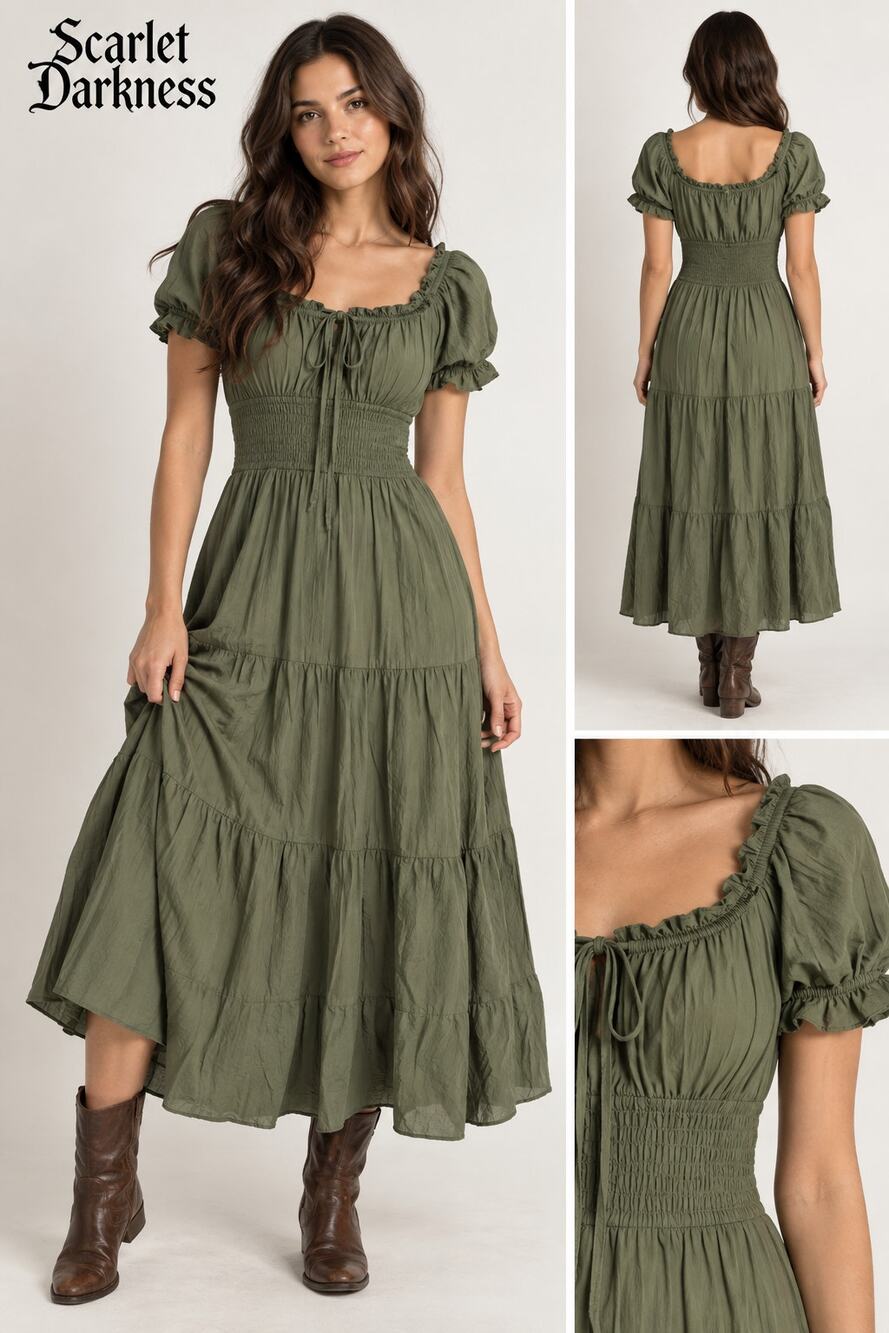Scarlet Darkness Olive Green Cottagecore Renaissance Midi Dress M NWT